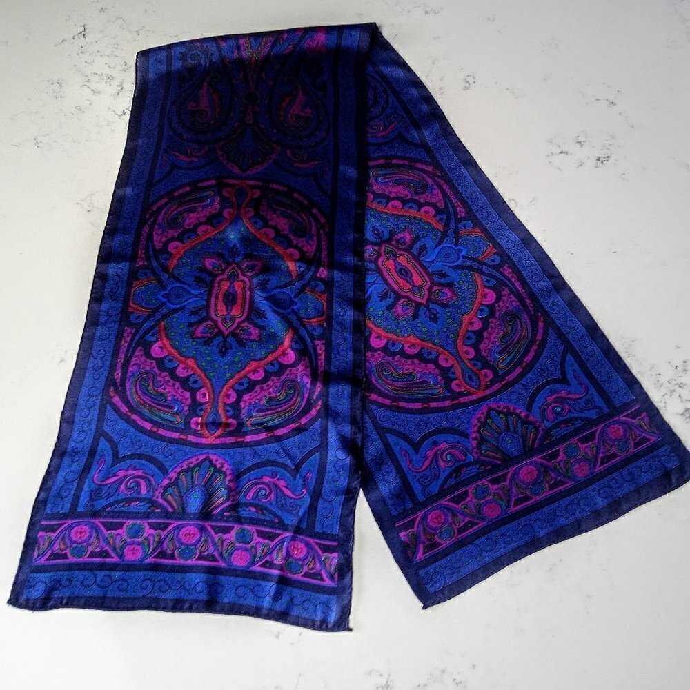 Royal Blue Paisley Print Oblong Silk Scarf